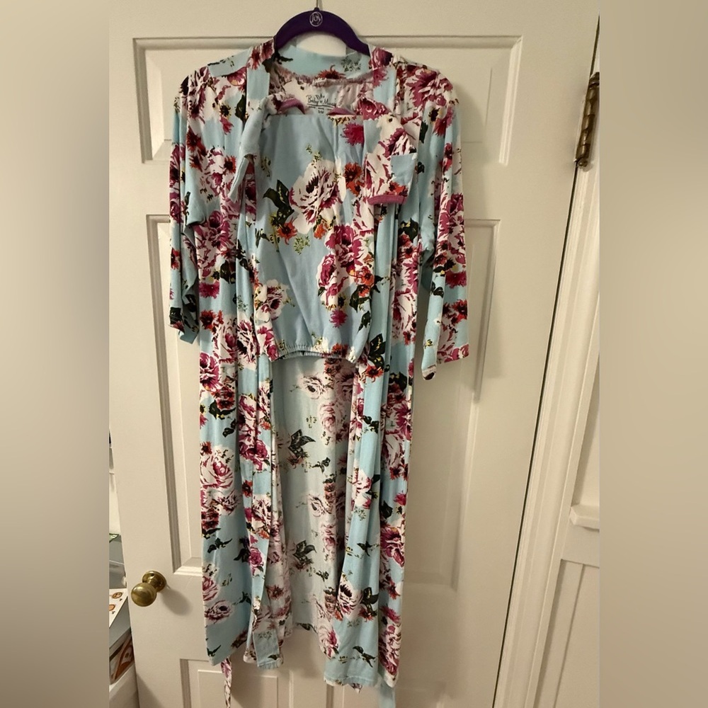 Baby Be Mine Floral Robe with matching newborn outfit
